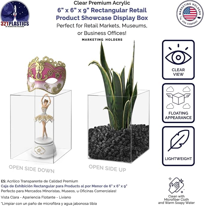 6 Pack Acrylic Display Riser Box Versatile 5 Sided No Lid Pedestal Merchandise Storage Bin 6" x 6" x 9" Retail Product Riser One Open Side No Assembly by Marketing Holders