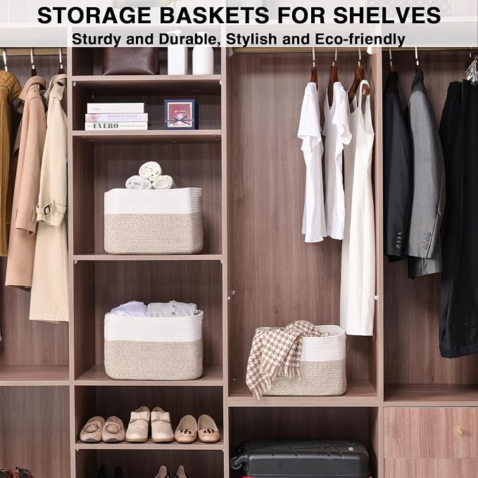 Storage Baskets for Organizing 14.8×11×9.5 Off White & Brown | Woven Storage Bins for Shelves, Toys, Books, Towels, Cotton Rope Basket for Living Room Bathroom Bedroom Nursery, 3 Packs