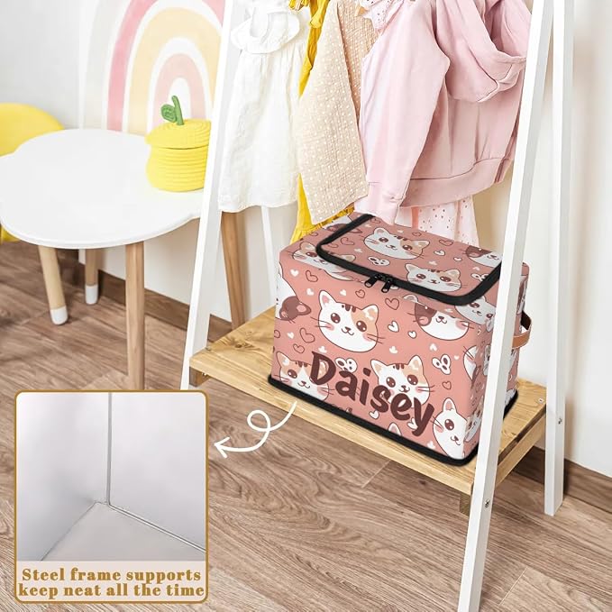 Custom Cute Cats Storage-Bin With Zipper Lid for Kids-Girls-Boys-Baby-Pet,Personalized Name Foldable Storage Box with Handle,Baby Basket With Label for Bedroom Nursery Toy Clothes,Pink