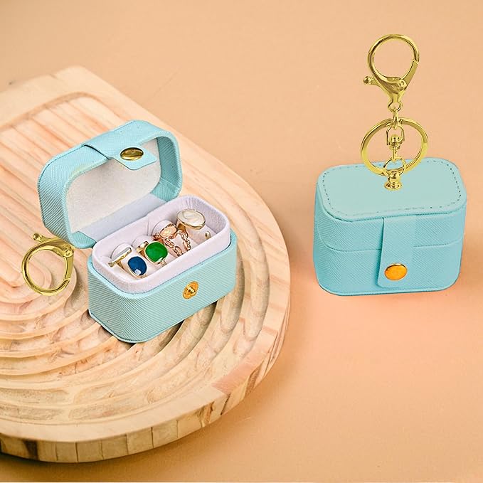 Wedding Ring Bearer Pillows Box for Dog Collar, PU Leather Travel Mini Ring Holder Pouch with Keychain Clip& Buckle Closure, Bridesmaid Gifts Jewelry Storage Case for Women Girls(Light blue)
