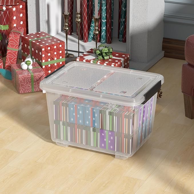 30 Quart Stackable Clear Plastic Storage Container Bin, 4 Packs | Latching Totes with Lids and Wheels for Organization