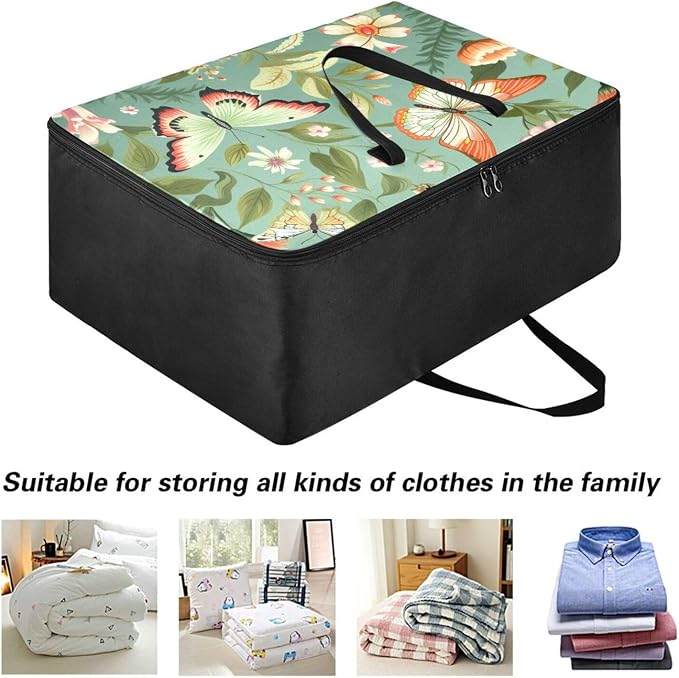 Comforter Storage Bags Large Folding Blanket Organizer Bag with Strong Handles Clear Window Closet Storage Containers for Clothes King Queen Pillows Bedding Quilt Duvet Sage Green Butterfly Flo