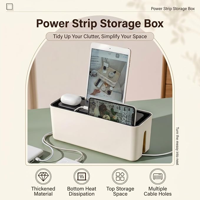 Cable Management Box, Dust-Proof & Heat Dissipation Cord Organizer, Hide Power Strips and Messy Wires, 11.8" (L) x 4.3" (W) x 4.5" (H), Home Office Desk Accessories, Includes 3 Stickers & Straps