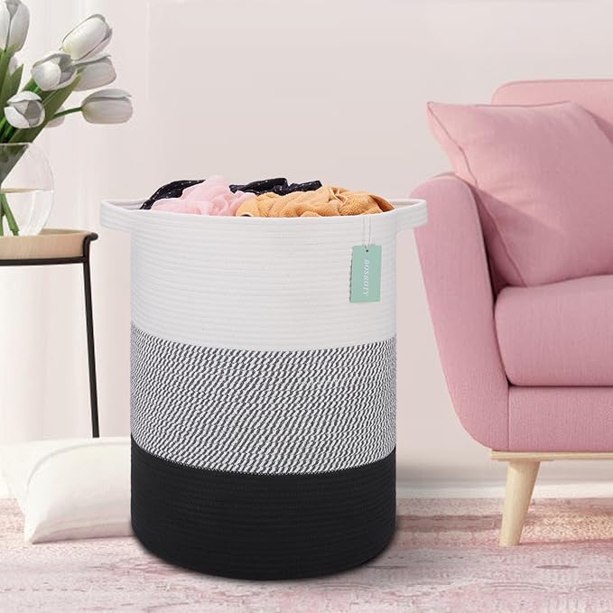 Cotton Rope Blanket Basket, 72L Laundry Hamper, White& Gray& Black