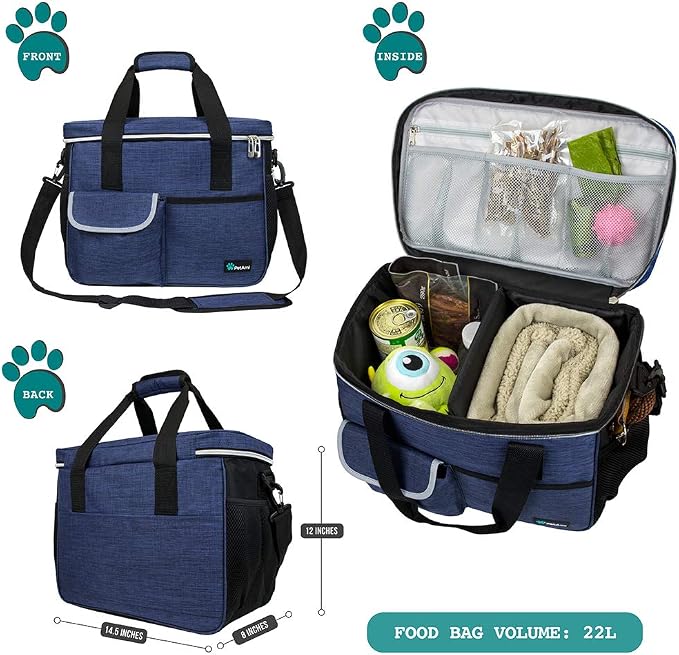 PetAmi Dog Travel Bag Organizer, Pet Supplies Diaper Tote, Navy Blue Medium | Pet Travel Kit with 2 Food Containers & 2 Collapsible Dog Bowls, Luggage Sleeve, Weekend Getaway Road Trip Camping Essentials