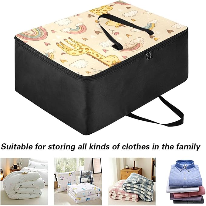 Comforter Storage Bags Large Folding Blanket Organizer Bag with Strong Handles Clear Window Closet Storage Containers for Clothes King Queen Pillows Bedding Quilt Duvet Cute Giraffes Rainbows C