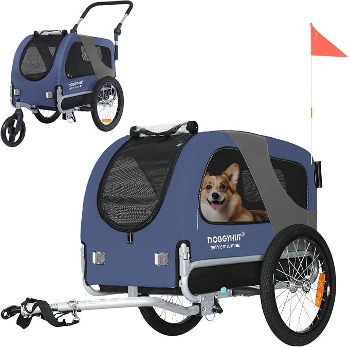 DOGGYHUT® Premium Medium Pet Bike Trailer & Stroller Up to 50 lbs (Blue) | Bicycle Trailer for Small or Medium Dogs, Dog Bicycle Carrier, Low Center of Gravity, Folding Frame Cart