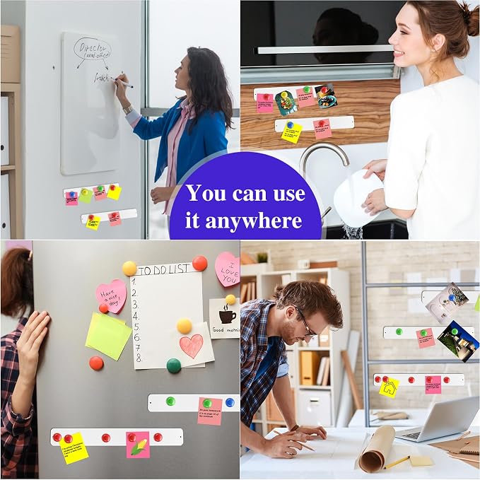 Outus 6 Pcs Magnetic Wall Strips 15" x 2", 48 Magnets, White | Metal display strips for notes, photos and memos; ideal for office, home, classroom and workspace.