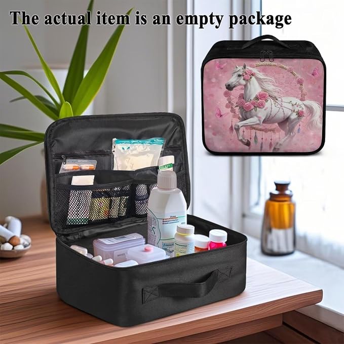 Rnyleeg Dreamcatcher Horse First Aid Kit for Women Pink Rose First Aid Travel Kit Empty Lightweight Medicine Pouch Organizer for Home Outdoor