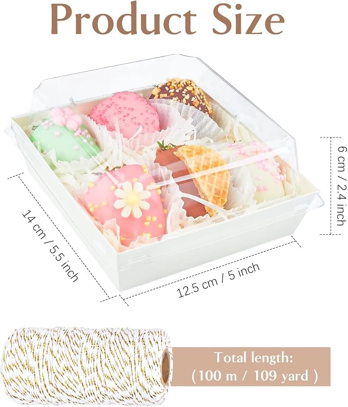 ZORRITA 50 Pack 5 Inch Paper Charcuterie Boxes with Clear Lids, White | Small, Square, To Go Food Containers, Bakery Boxes, For Mini Cake, Desserts, Cookies, Sandwiches, Strawberries