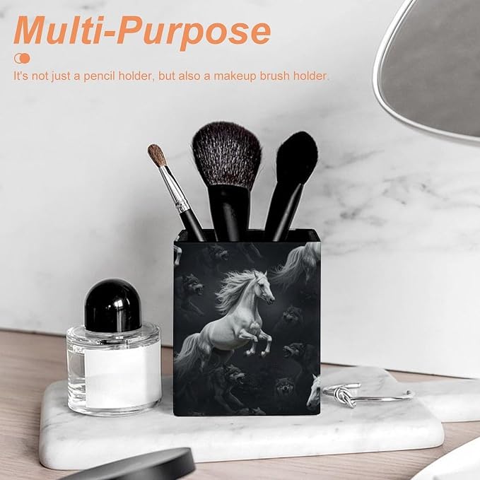 Pen Pencil Holder for Men Women, Pu Leather Square Pencil Organizer Case Dark White Running Wild Horse Wolves Black Makeup Brush Holder Office Supplies