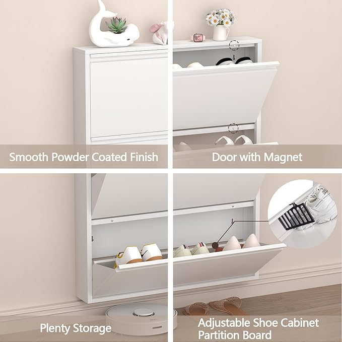 GREATMEET Shoe Rack for Closet, Slim Wall Mounted Metal Cabinet with 3 Flip Drawers, Steel Hidden Shoe Cabinet Storage for Entryway, Modern Narrow Shoe Organizer Cabinet for Mudroom, Hallway, White