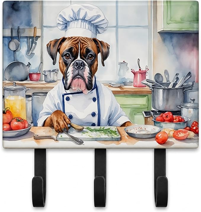 Caroline's Treasures Boxer The Chef Leash or Key Holder Wall Hooks, Key Hooks Holder, Coat Rack Wall Mount, Coat Hooks, Hooks for Hanging Keys, Towels, Aprons, Leashes | Boxer The Chef artwork on ceramic tile with three steel hooks for keys, leashes, t...