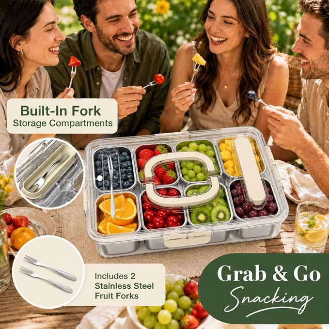 Ankou Snackle Box Container, Stainless Steel Divided Serving Tray with Lid, Handle and Forks