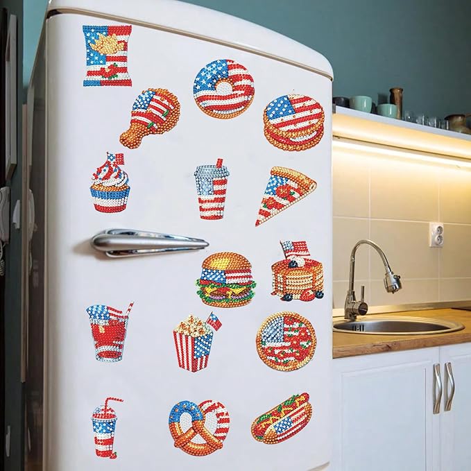 20pcs Independence Day Food 2D Diamond Painting Magnets Team Fridge Magnets | Fridge Magnets 20 Pieces Diamond Painting Kit 2D Acrylic PET Magnetic Food Series DIY Art Home Car Decor