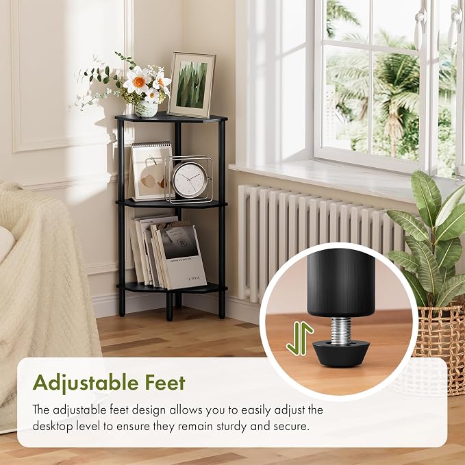Black Corner Bathroom Shelf, 3 Tier Bamboo Kitchen Corner Shelves, Display Shelf, Shower Corner Caddy, Indoor Plant Stand Balcony, Freestanding Storage Organizer Stand for Living Room, Small Spaces