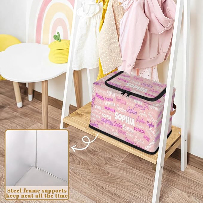 Custom Storage Baskets for Kids with Name, Pale Pink Background Large Foldable Organizer Collapsible Storage Bin with Zipper Lid Leather Handle for Home Toys Closet Nursery