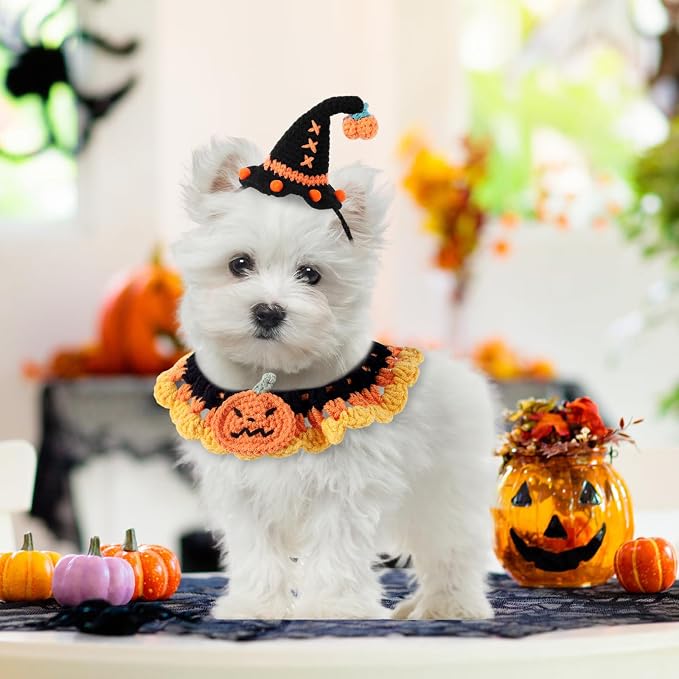 Kunyeah Halloween Pet Costume Set for Cats Small Dog Adjustable Knitted Hat Scarf Pumpkin & Witch Print Puppy Bib Cute Crochet Cat Collar Cap Pet Apparel Outfit (Orange-Pumpkin)
