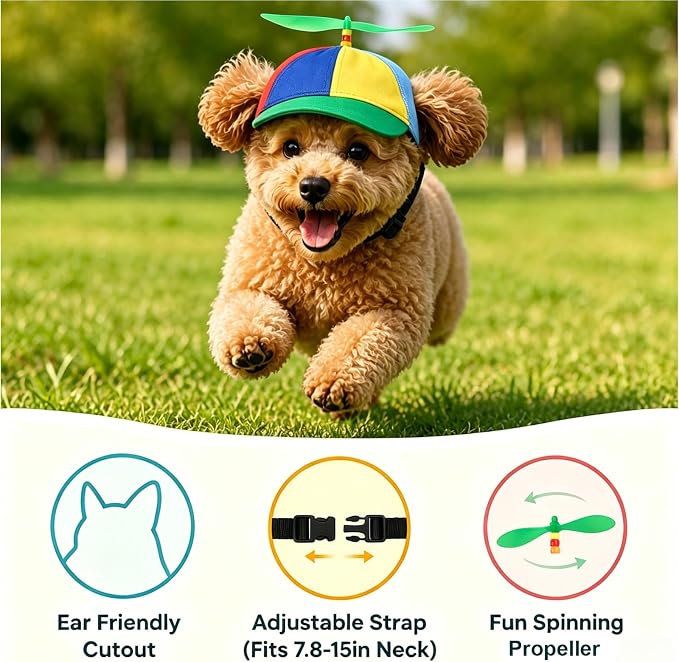 Pet Propeller Hat - Colorful Rainbow Helicopter Hat, Adjustable Cute Baseball Cap with Removable Propeller for Small Medium Dogs & Cats (Sizes S/L)