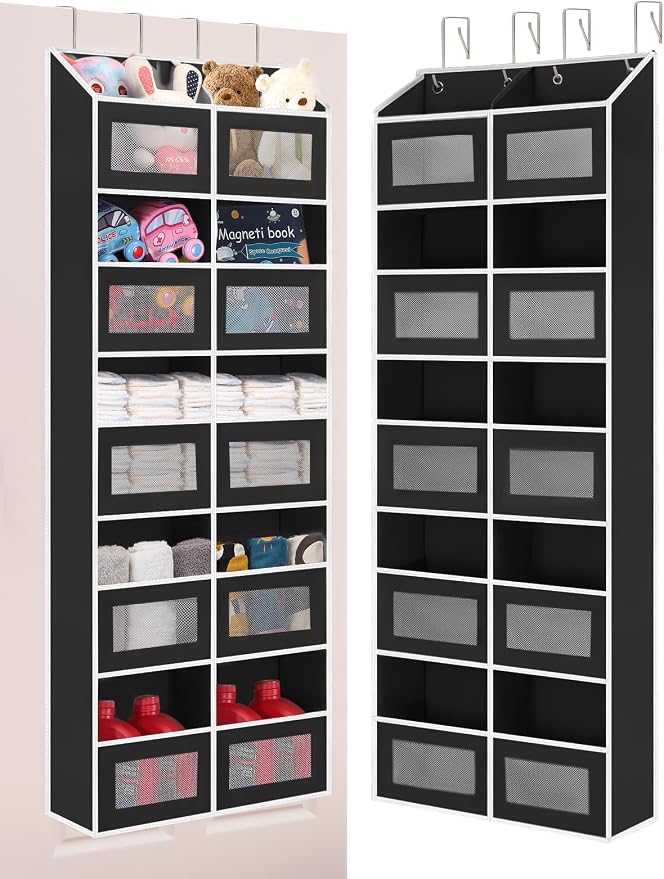 Over the Door Organizer Hanging- 10 Compartments, 80 lbs Load Behind Door Stuffed Animal Storage, Extra Large Toys Storage Organization for Bedroom, Bathroom, Nursery, Shoes, Diaper (black)