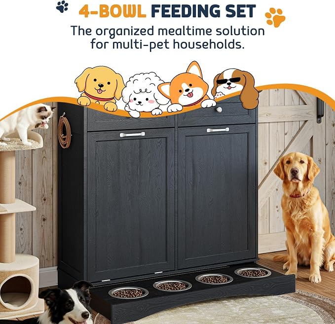 Double Door Dog Feeding Station with Storage, 10 Gallons Tilt Out Trash Can Cabinet, Dog Food Cabinet with Dog Bowls, Pet Organizer Cabinet for Kitchen/Living Room (Black, Double Door)