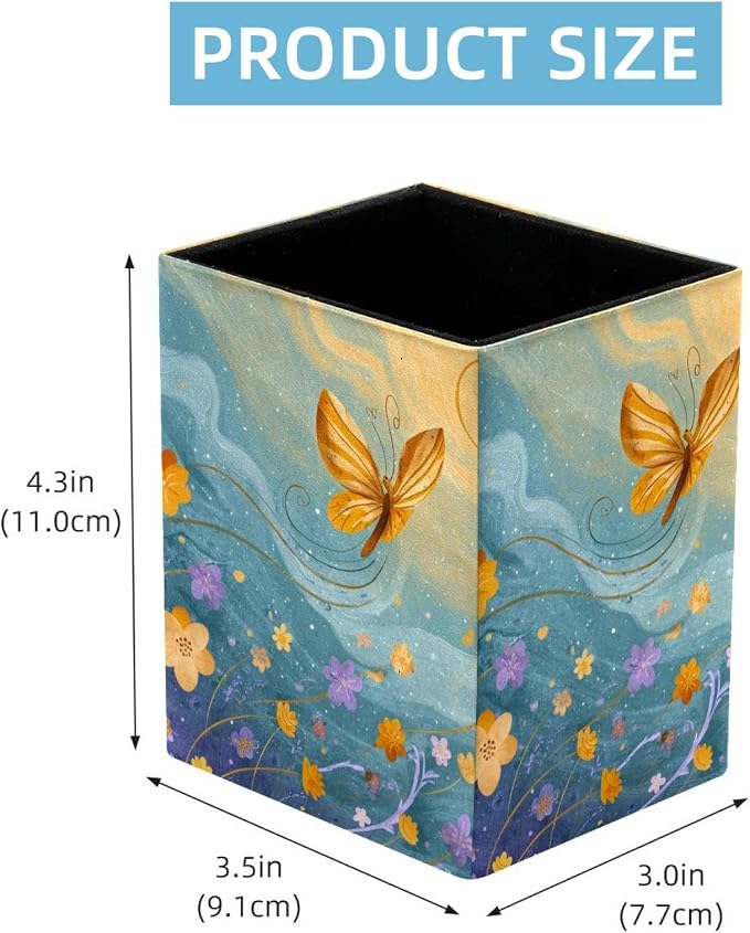 Butterfly Pen Holder for Desk Decor, Rectangular PVC Leather Pencil Cup for Desk Pen Organizer, Makeup Brush Holder for School, Home, Office