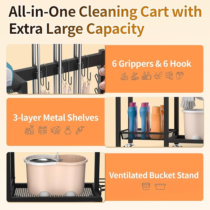 Broom Holder with Cleaning Supplies Organizer, 30.7"Wx11.8"Dx34.6"H | Load 350 LBS, Cleaning Cart with Wheels, 3-Tier Shelves, 6 Mop Hanger Grippers & 3 Double-Hooks, Vacuum Stand for Laundry