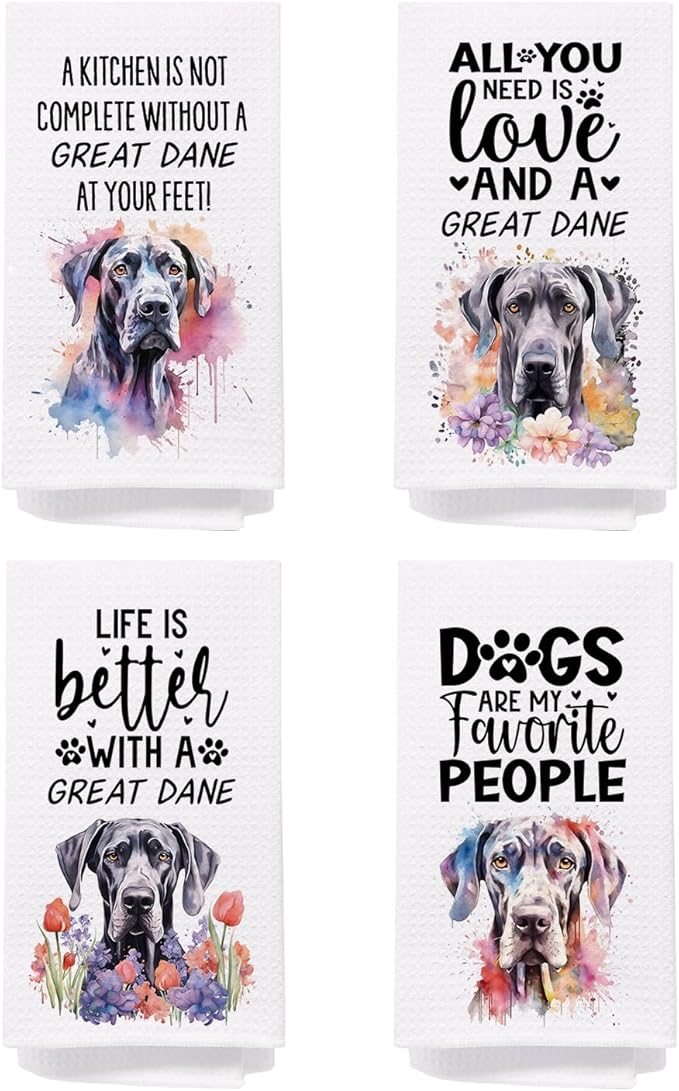 SPBL&L Great Dane Dog Kitchen Towels Set of 4, Great Dane Gifts for Women, Great Dane Decor Tea Dish Towels for Kitchen, Great Dane Decorative Hand Towels for Bathroom, 16x24 Inches