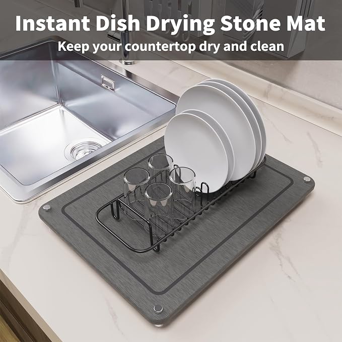 Dish Drying Stone, Water Absorbing Stone Dish Drying Mats for Kitchen Counter, Non-Slip Stone Drying Sink Tray Pad for Dish Bottles Cups, Diatomaceous Earth Sink Caddy Organizer, Grey