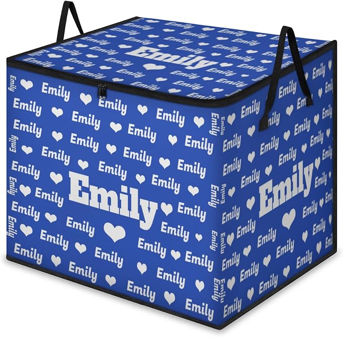 Personalized Extra Large Storage Basket with Lid, Comforters, Bedding Toys Navy Blue Love Heart Storage Bin with Handles for Home, Collapsible Basket for Clothes, Moving, Car Trunk