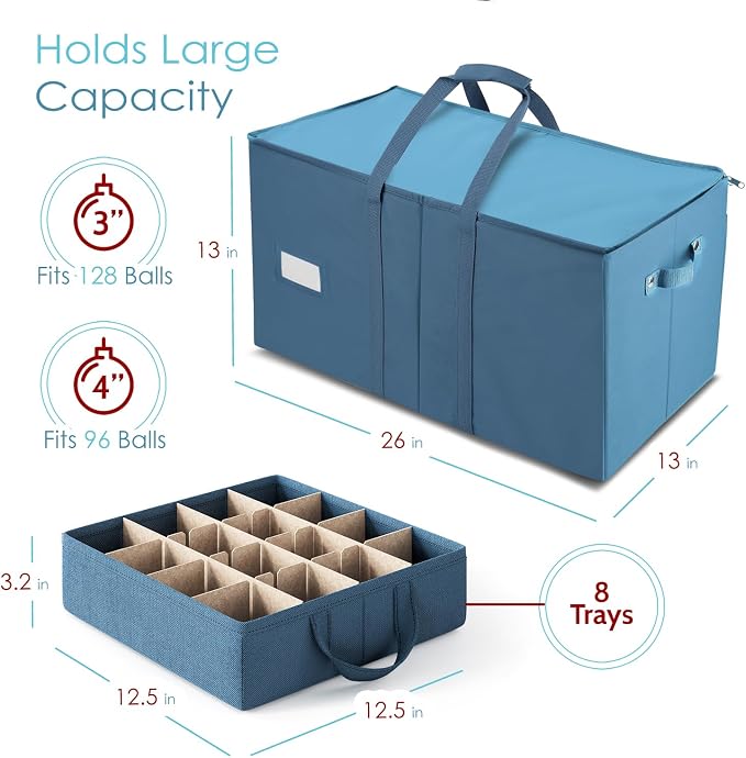 Hearth & Harbor Large Christmas Ornament Storage Box With Adjustable Dividers - Ornament Storage Container For 128 Holiday Ornaments or Decorations