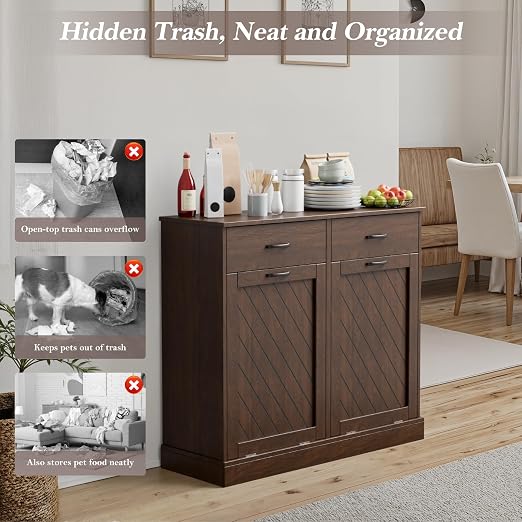 njnj 26 Gallons Double Tilt Out Trash Can Cabinet, 2x13 Gallons Hidden Kitchen Trash Cabinet with Storage Drawers, Pet Proof Hidden Garbage Can for Kitchen, Laundry Room, Bathroom Wood Brown