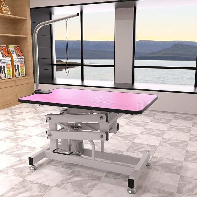 Hydraulic Dog Pet Grooming Table, 42 Inch Heavy Duty Professional Pet Grooming Station 21'' -36'' Height Adjustable for Small Medium Large Dog at Home with Clamps and Grooming Noose, Pink