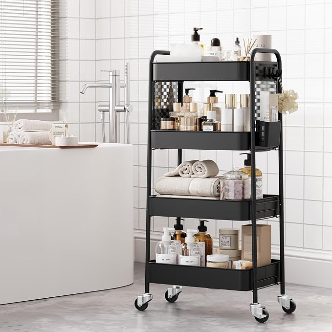 TOOLF 4 Tier Rolling Cart, Metal Utility Storage Cart with Pegboard, Black | 2 Bins & 4 Hooks, Screwless Assembly, Lockable Wheels, Trolley Organizer for Bathroom, Kitchen, Office, Dorm, Craft Room