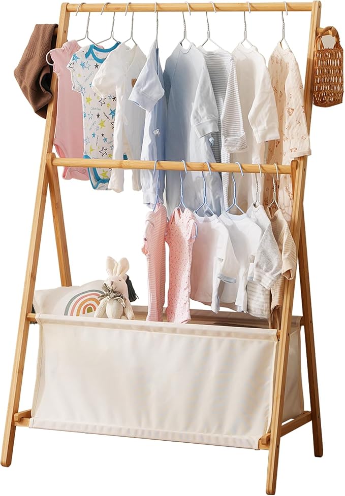 Baveke Montessori Bamboo Clothing Rack for Toddlers - Foldable Kids Wardrobe Organizer with Storage Basket, Nursery Clothes Storage Rack for Small Spaces, Sustainable & Easy Assembly