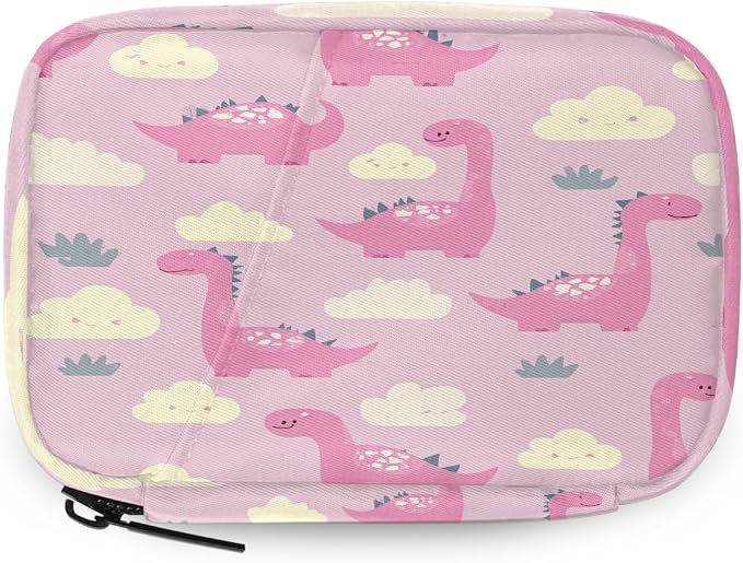 Weekly Pill Organizer Travel Size Bag with Removable 7 Day Pill Box Portable Vitamin Case Purse with Zipper,Pink Dinosaurs Clouds Pattern