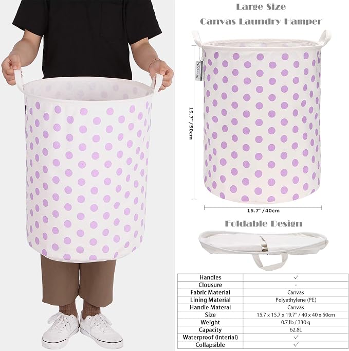 Sea Team Large Canvas Laundry Basket with Handles, Purple Dots | Collapsible Fabric Laundry Hamper, Closet Shelf Organizers, Containers for Clothing, Blankets, Toys, Bedding, 19.7 x 15.7”