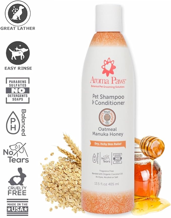 Pet Shampoo & Conditioner 2-in-1, Dry Itchy Skin Relief Formula, Aroma Paws Oatmeal Manuka Honey for Sensitive Skin, Feline Friendly Shampoo, Fragrance Free, Made in USA 13.5 oz.