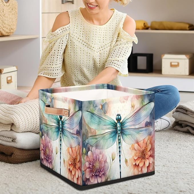 Floral Dragonfly Cube Storage Bin, 13 Inch Collapsible Fabric Storage Cubes Bin, Foldable Cube Baskets for Shelf, Closet, Organizer