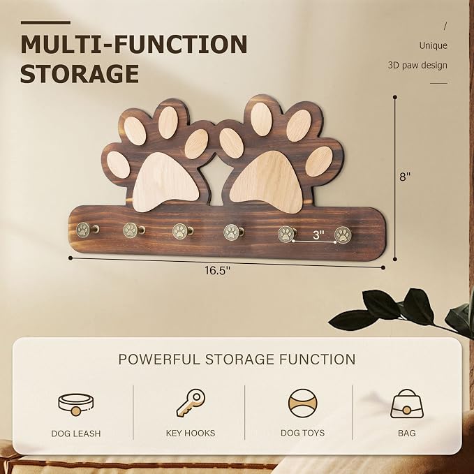 MTERSN Decorative Dog Leash for Wall with 6 Key Hooks for Entryway, Brown | Unique 3D Pet Claw Hooks, Leash Holder for Wall, Coat Rack for Hats & Wallets, Dog Accessories Organizer for Wall Decor