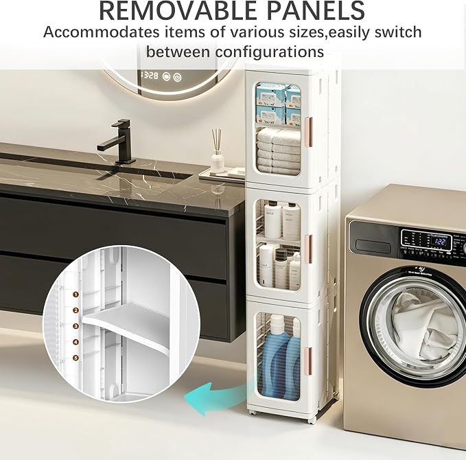 Tall Narrow Storage Cabinet with Movable Wheels, Adjustable Shelves & Magnetic Doors – Foldable Slim Plastic Organizer for Bathroom, Kitchen, Laundry, Ideal for Small Spaces(4-Tier,White)