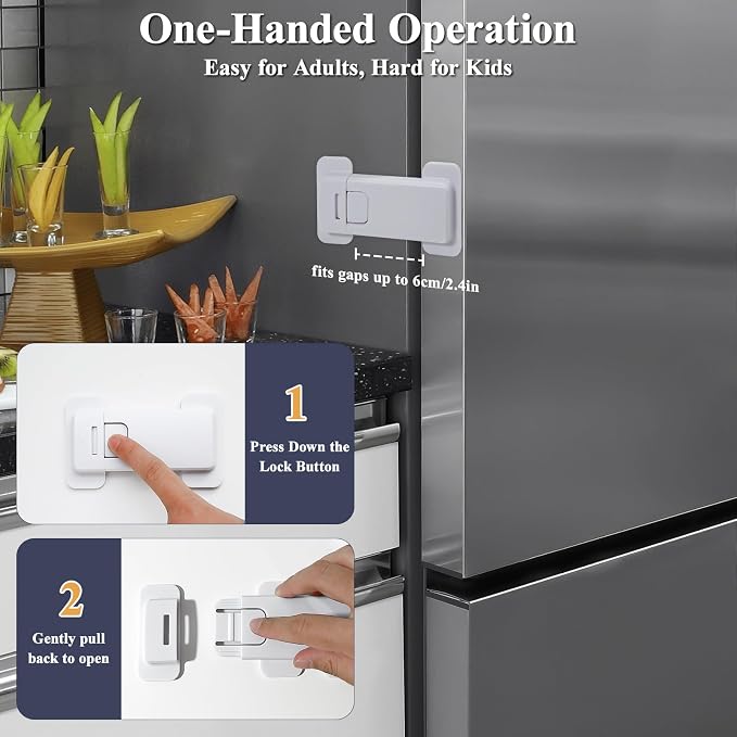 French Fridge Locks for Kids, 1 Pack Baby Safety Refrigerator Lock, Pet/Child Proof Freezer Latch, Cabinet Cupboard Lock with 3M Adhesive, Tool-Free, Drill-Free Install (Pearl White)