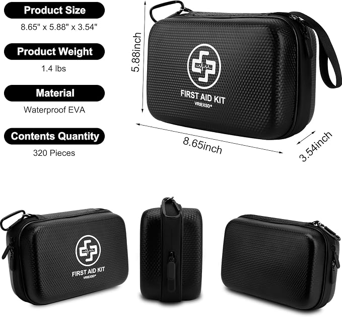 VRIEXSD Premium 320-Piece First Aid Kit, Waterproof EVA Hard Shell Case | Black Complete Emergency Medical Kit with Comprehensive Supplies for Home, Camping, Car, Hiking, Travel, Businesses & Outdoor
