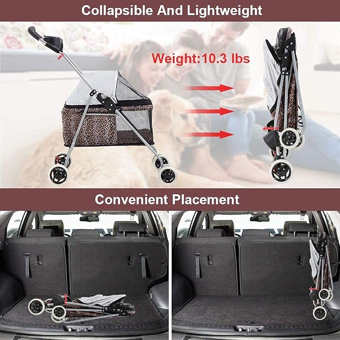 HGS Pet Cat Dog Stroller 4 Wheels Jogger Puppy Travel Carrier Portable Doggie Cage Strolling Cart with Cup Holders, 35Lbs Capacity Folding Waterproof for Medium Dogs Cats Pet, Leopard Skin