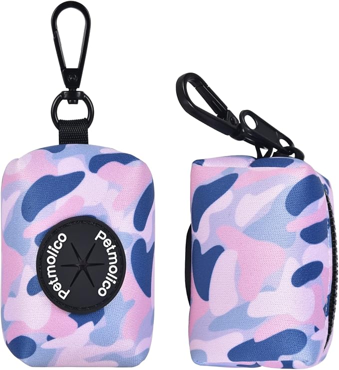 Petmolico Dog Poop Bag Holder Dispenser 2 Pack, Blue Pink Camouflage | Zippered pouch fits any leash, includes free roll of bags, lightweight & portable for daily walks, travel & outdoor use