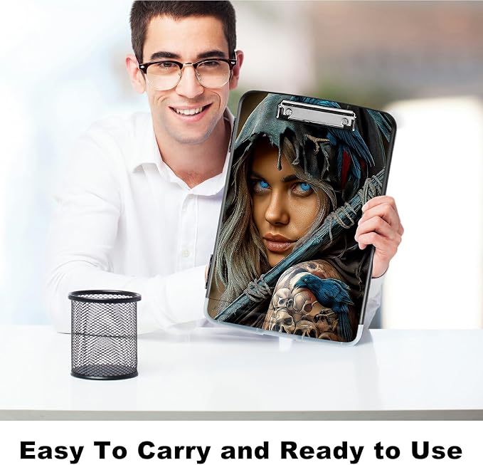 A4 Clipboard with Storage Pen Holder, Clipboards Organizer Nursing Clipboard Foldable File Folder Plastic Clipboard Folio Clip Board for Office Work Classroom Doctor, Blue Eyed Girl