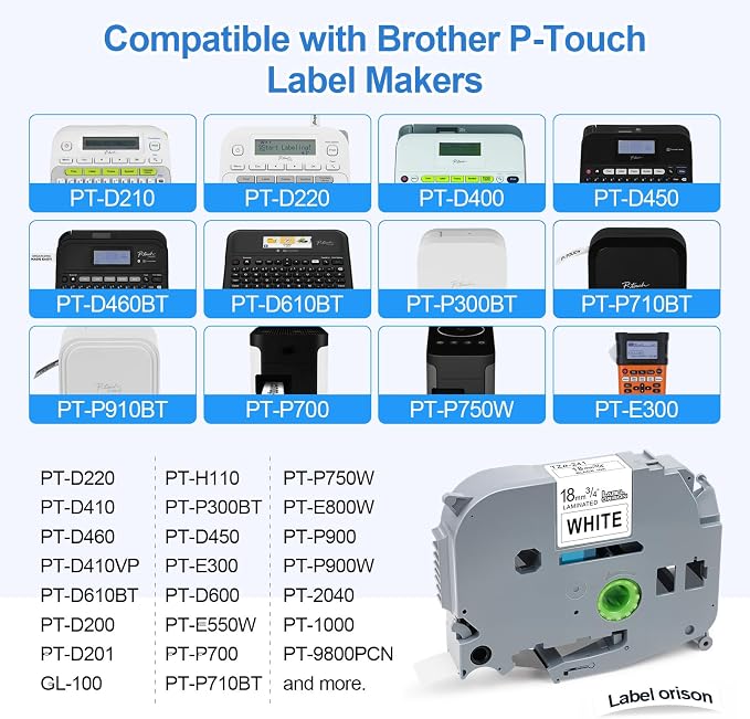 Compatible with Brother P-Touch Label Tape TZ TZe 241 18mm Laminated Label Maker Tape for PTD400, PT-D410, PT-D460BT 1280 D610BT, Black on White , 3/4" (0.7") x 26.2 ft. (8m), 5PK