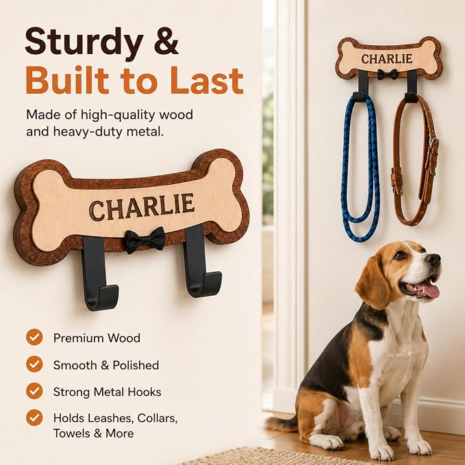 Personalized Dog Leash Holder for Wall, Custom Pet Name Bone Wall Hook with Double Metal Hooks, Wooden Dog Leash Organizer for Collar, Harness & Keys, Pet Lover Gift for Dog Owners