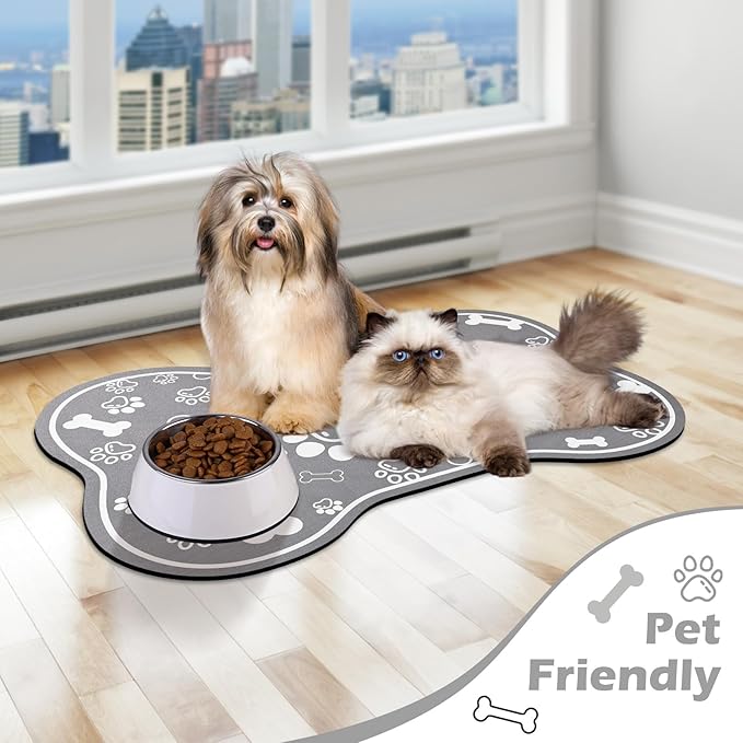 Dog Cat Food Mat,Rapid Absorbent Pet Feeding Mat, Bone Shaped Dog Placemat Water Bowl Mat with Rubber Backing,No Stains Dog Cat Food Mats Indoor, Pet Accessories Supplies 17" X 29" Grey