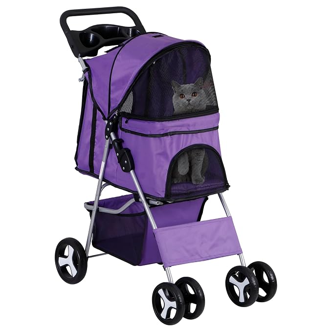 Pet Stroller for Medium Small Dogs - Easy to Walk Folding Travel Carrier Strolling Cart with Cup Holder, Weather Cover and Storage Basket (Purple)